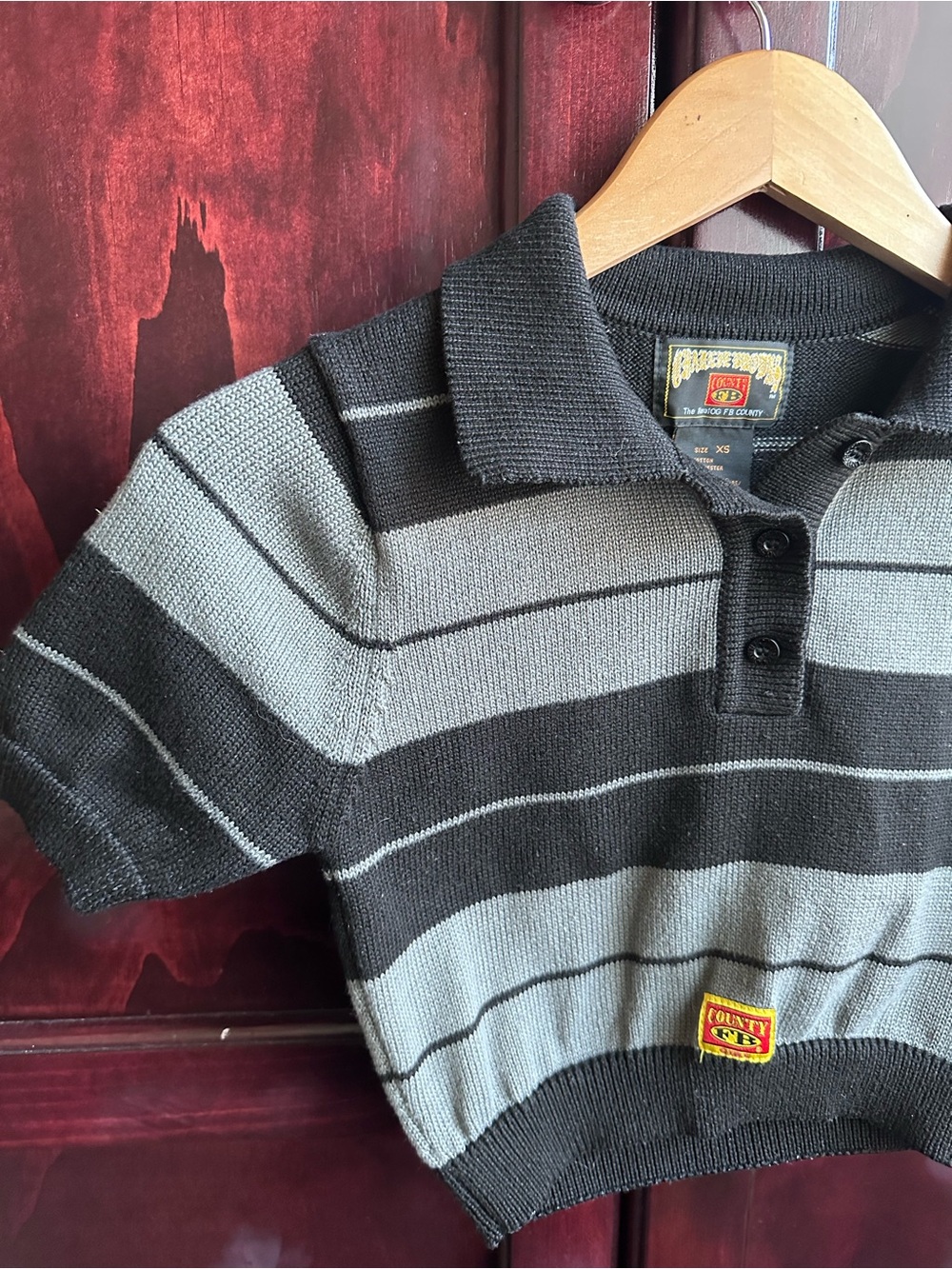 Striped Knit Crop Polo Top in Black and Gray